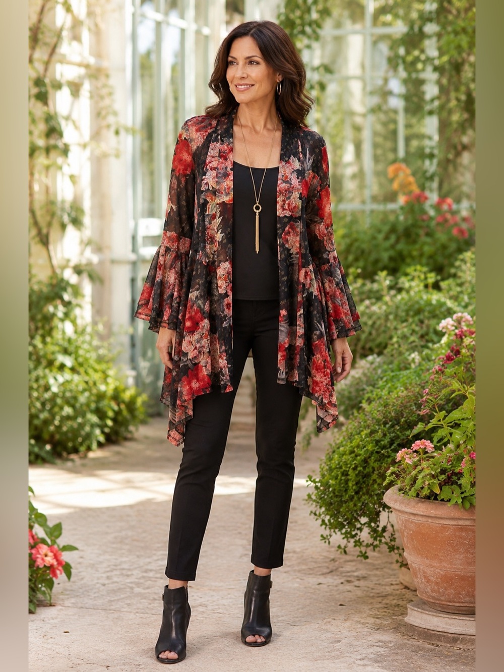 Ali Miles Floral Mesh Open Front Cardigan Kimono Style Bell Sleeve M Boho Whimsy
